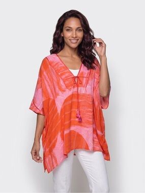 Josie Natori 100% Silk Poncho Kaftan Top Pink Orange Abstract Print Sz XS Luxury